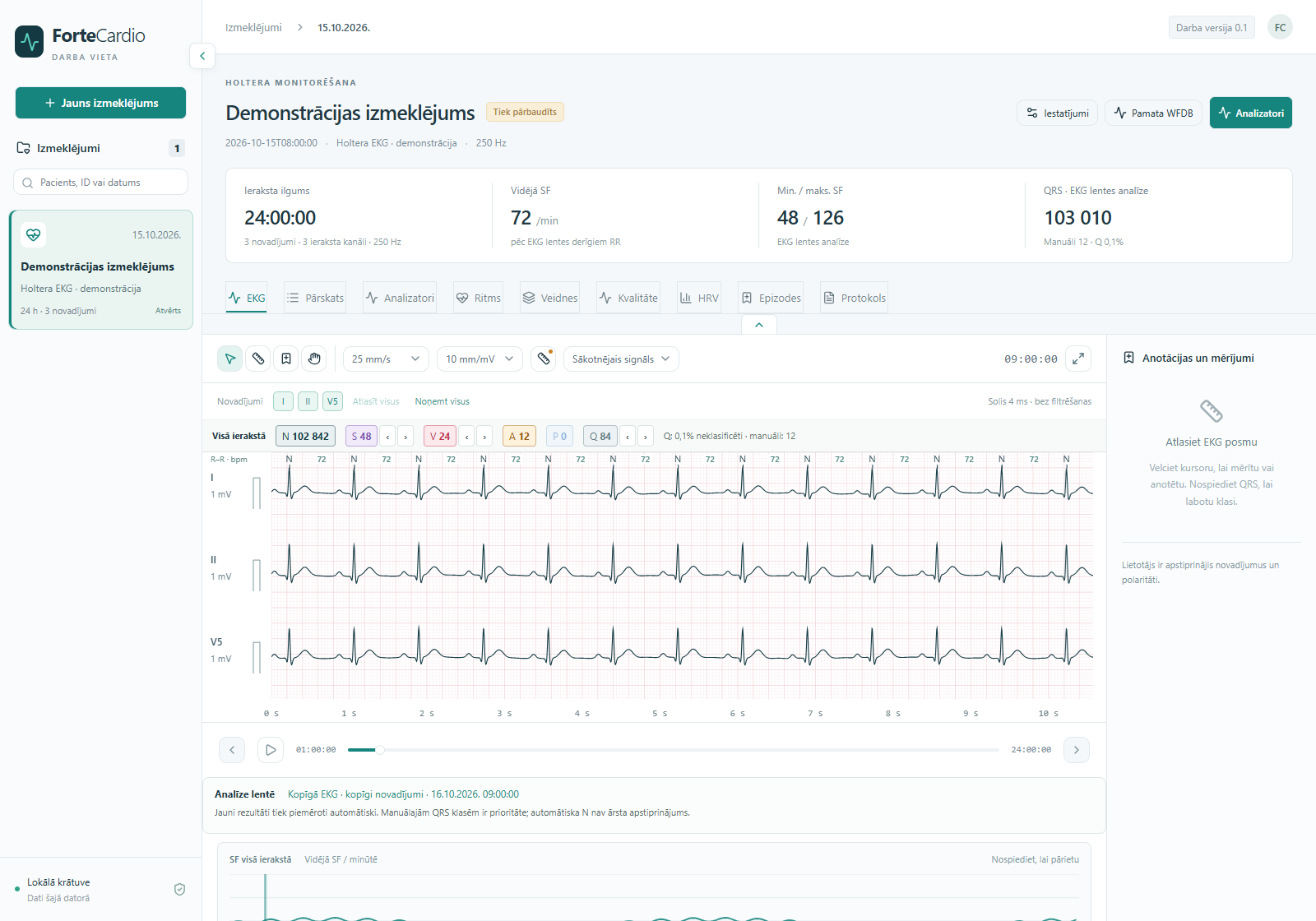 ForteCardio interfeiss ar sintētisku EKG signālu